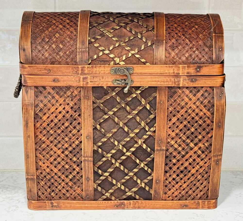 Vintage Bombay Company Woven Rattan Trunk Basket Steampunk Treasure Chest 14"